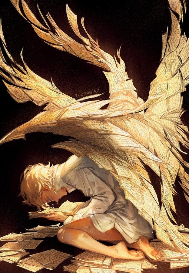 A gender-indeterminate figure kneels among a bunch of scattered book pages. They are hunched over a book and crying. They have blond hair and are wearing a wrinkled white button-down shirt. They have what look like six wings at their back made of book pages. 