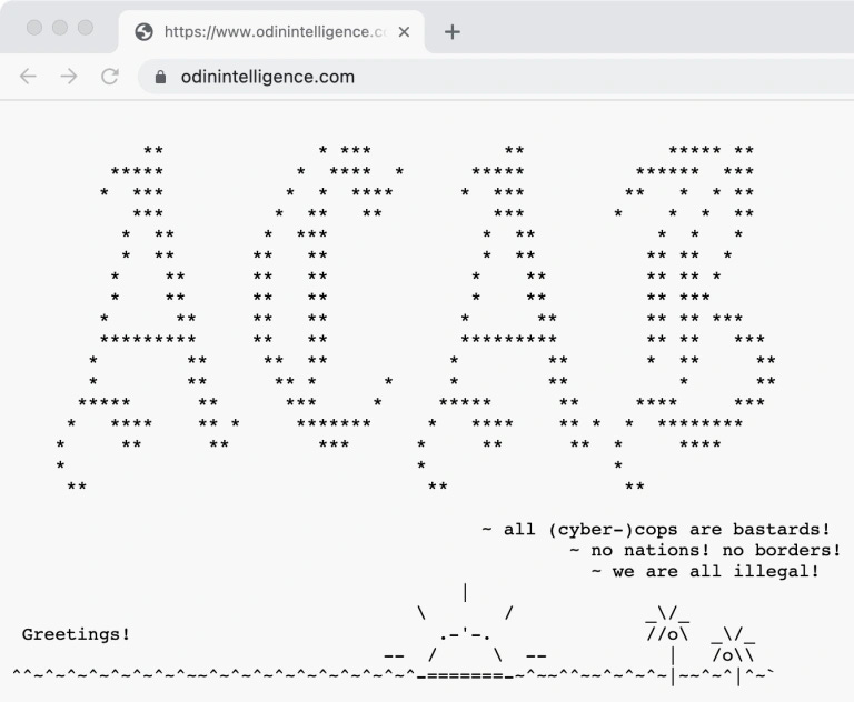 Screenshot of the defacement of the ODIN Intelligence website, with an ASCII stylized banner that reads ACAB - all cyber cops are bastards, no nations, no borders, we are all illegall, greetings, and then some line drawings also in ASCII of a sunrise and some palm trees on the nearby beach
