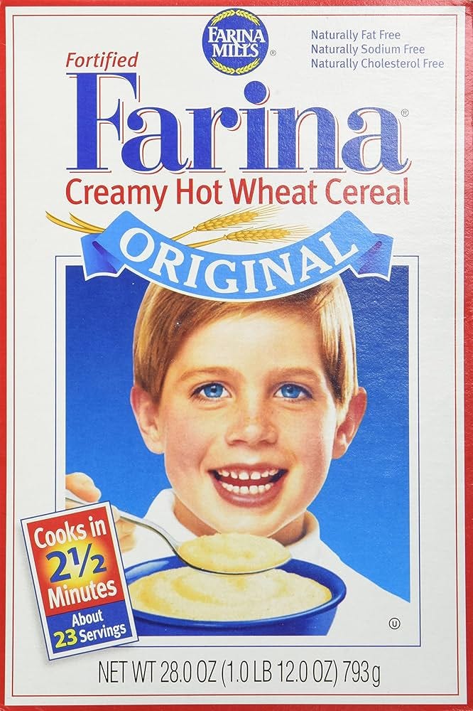 Package of Farina Mills farina cereal on which a smiling boy holds a spoonful of cream-colored mush. An insert in the lower left-hand corner informs us that the product "Cooks in 2-1/2 minutes" and that the contents provide "About 23 servings."