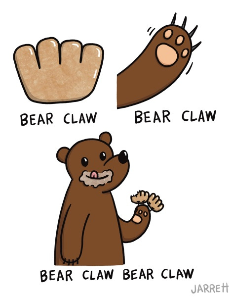The first frame shows a bear claw pastry, captioned "bear claw", and the second shows an actual bear claw, also labeled "bear claw". The third shows a bear eating a bear claw pastry, captioned "bear claw bear claw!"