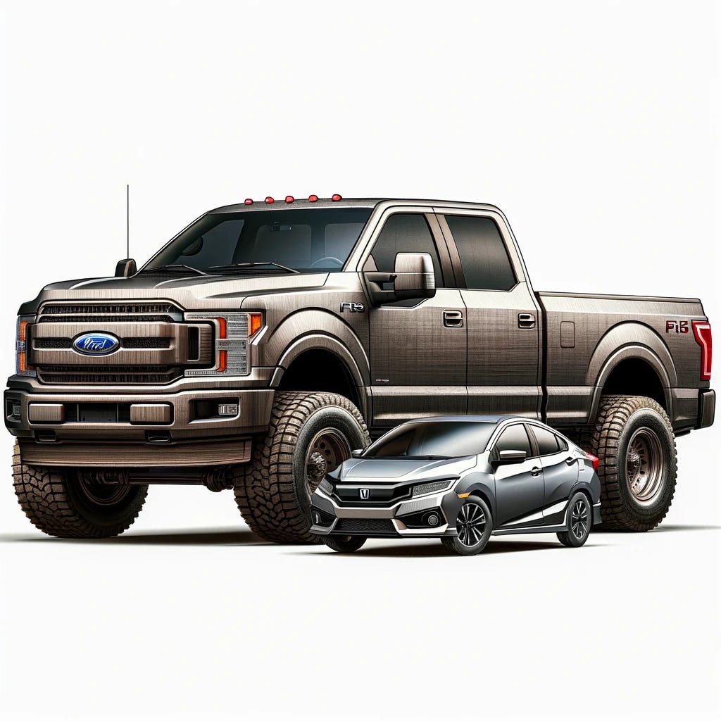 A detailed image of a large truck (e.g., Ford F-150) and a small car (e.g., Honda Civic) side by side, visually emphasizing the size disparity and potential safety implications for both vehicles and their surrounding environment.