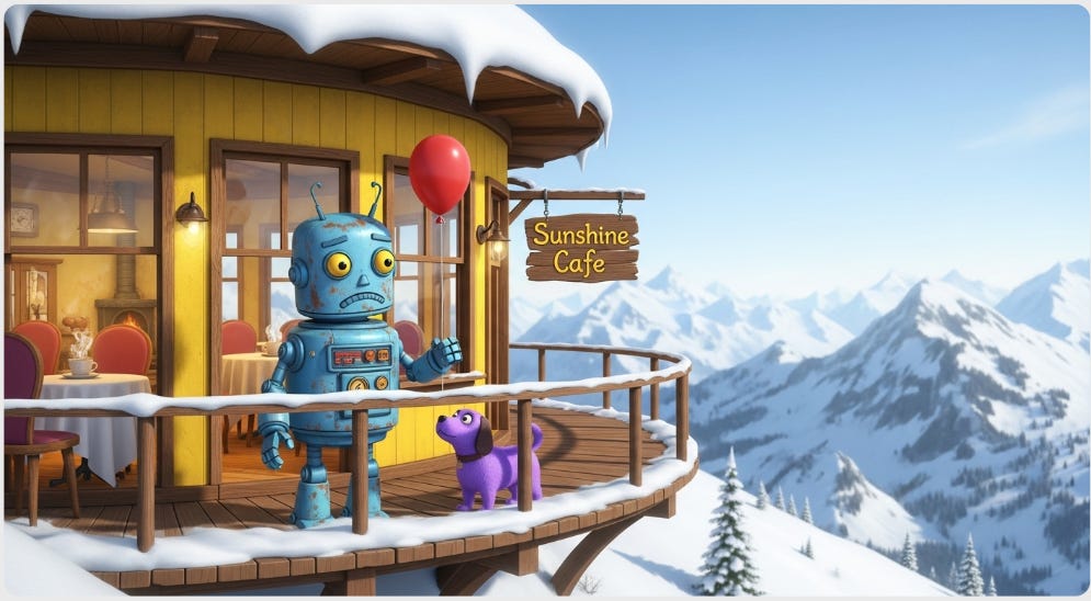 Robot in a snowy cafe with a red balloon and a purple dog