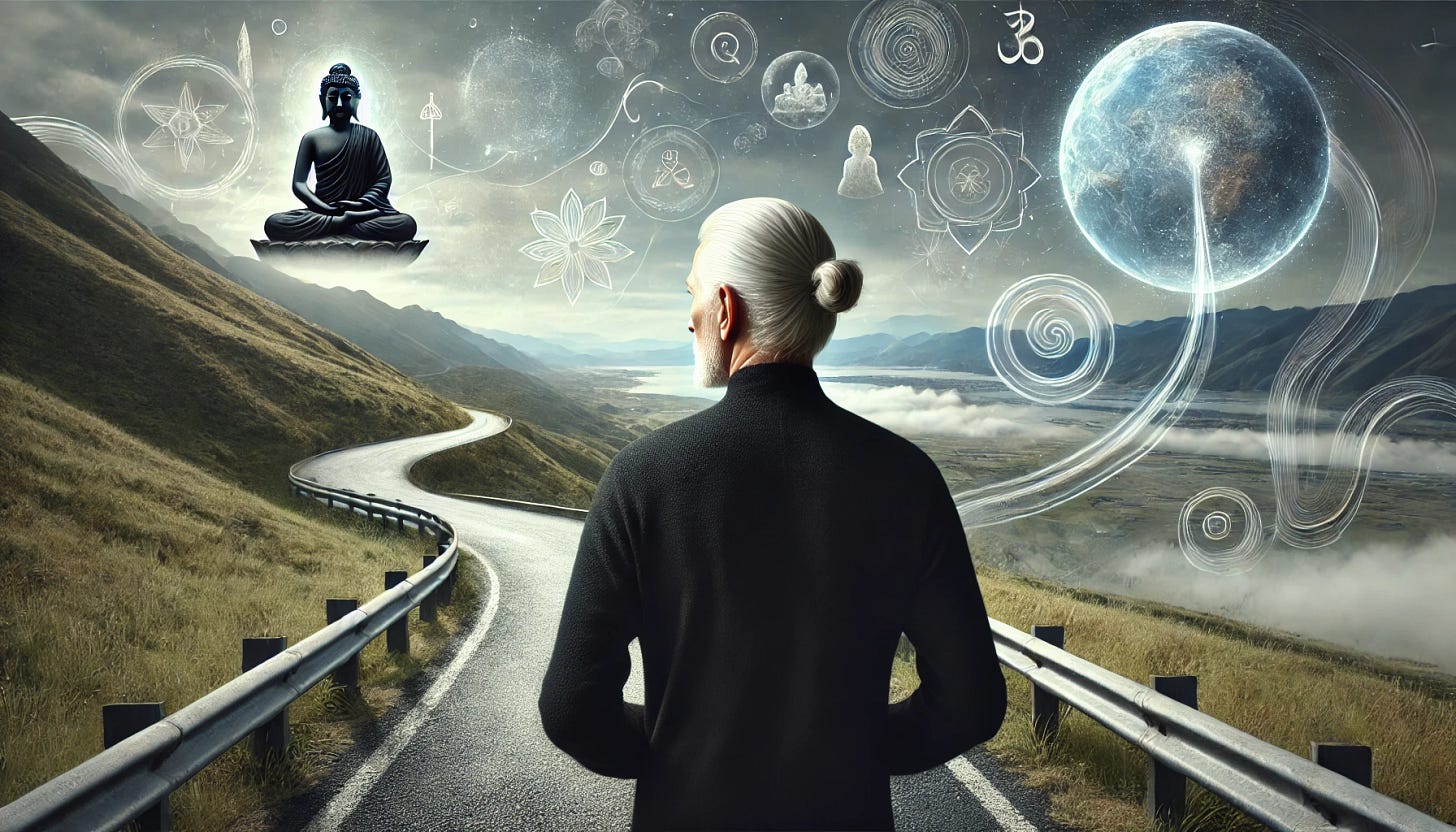 A serene yet slightly surreal 16:9 scene depicting an elderly man from behind. He has a full head of white hair gathered in a neat ponytail and wears all black clothing. He's standing at the edge of a winding road, gazing toward a distant horizon where symbolic elements of myth, imagination, and personal journey intertwine. Subtle mythological imagery such as shadowy Buddha figures, mystical symbols, and abstract depictions of conversations float around him, blending seamlessly with the landscape. The setting should evoke contemplation, wisdom, and the intersection of personal myth and spiritual exploration.