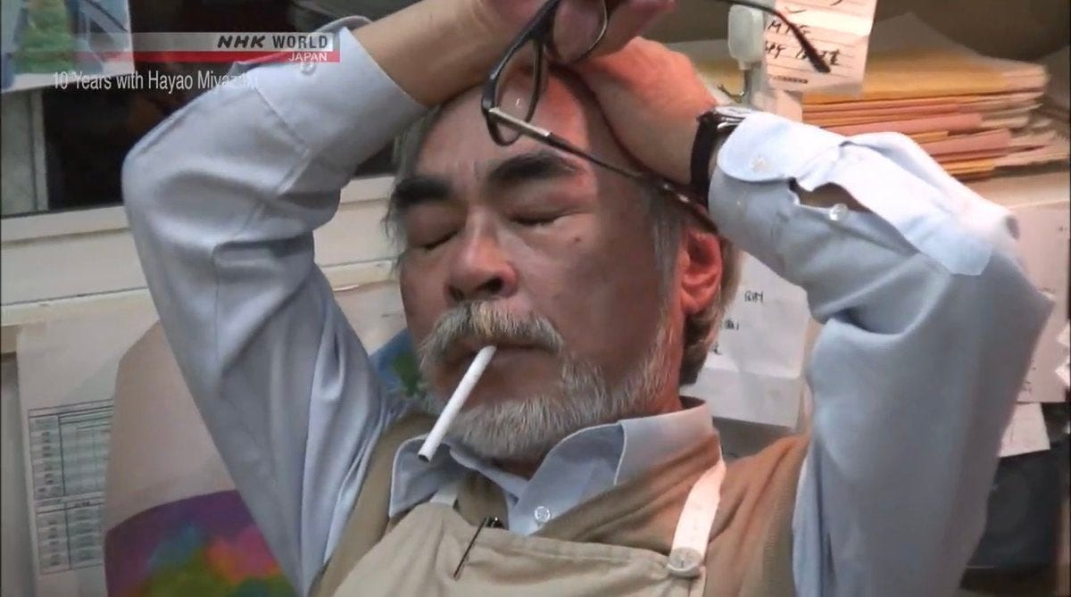 reactions on X: "hayao miyazaki smoking hands on head tired thinking  https://t.co/AZbVaUjO7H" / X
