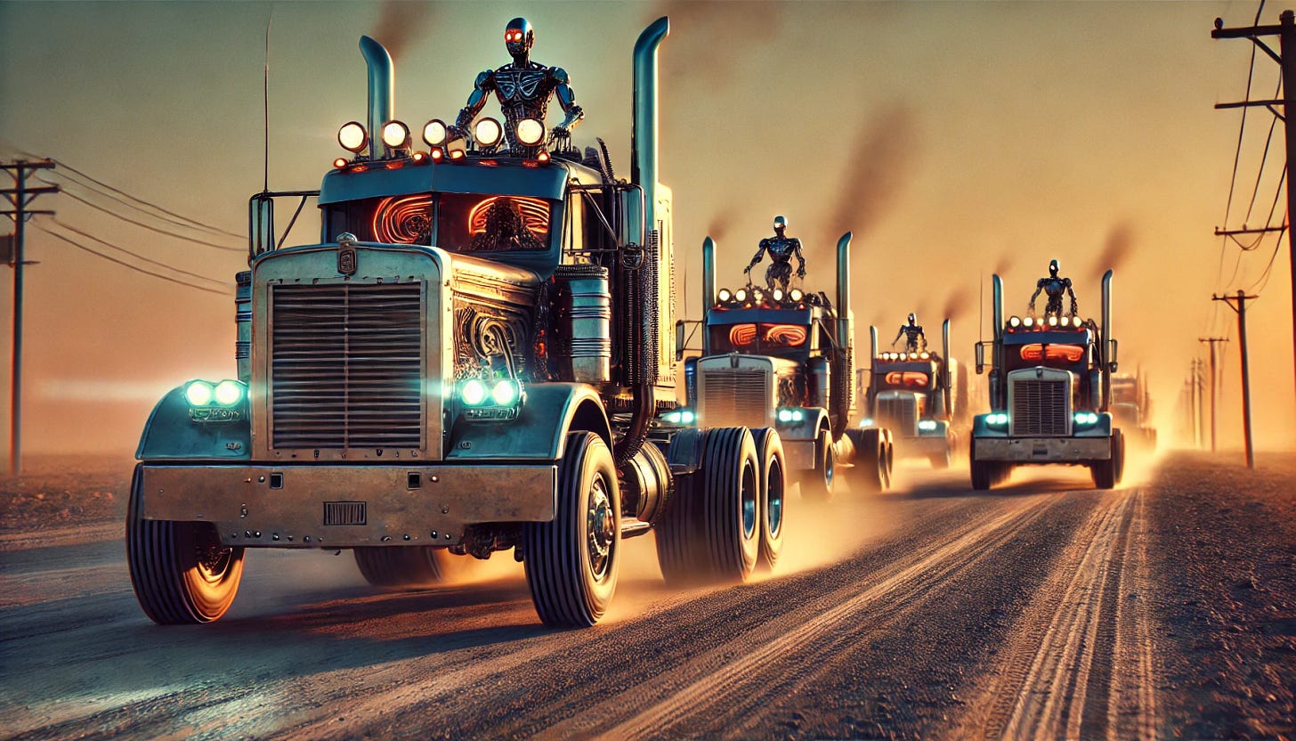 A convoy of futuristic trucks driven by humanoid robots, inspired by the 1978 movie 'Convoy'. The trucks have a rugged, classic American design with chrome grilles and large exhaust pipes but incorporate futuristic elements like glowing neon lights and sleek metallic surfaces. The robots, seated in the driver’s seat, have a humanoid appearance with mechanical limbs and glowing eyes. The scene is set on a dusty highway under a dramatic sunset, with dust kicking up behind the convoy. The perspective is cinematic, capturing the intensity and movement of the trucks.