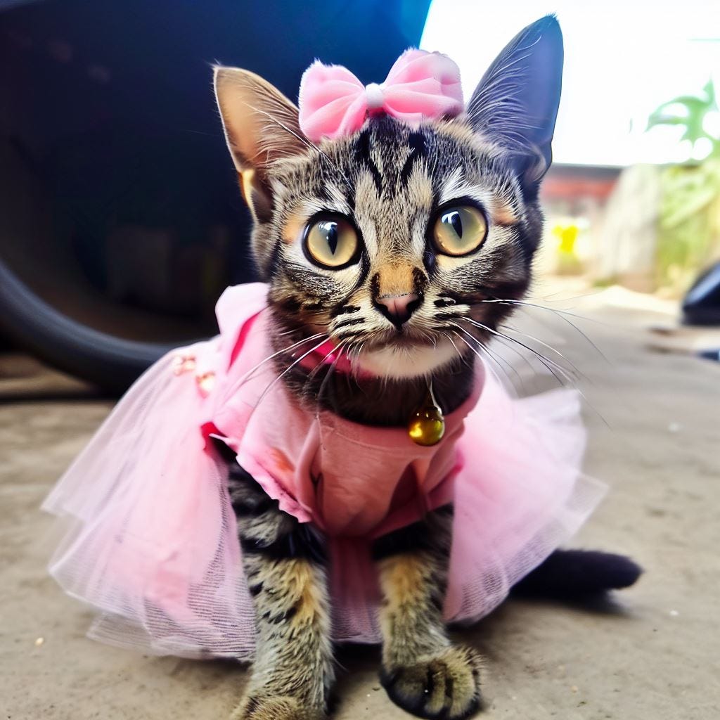 a picture of a cat that is dressed like a little girl in a pink dress