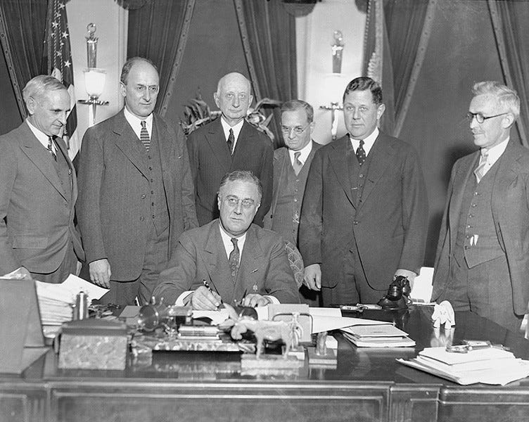 FDR signs gold bill, executive order 6102, forbidding the hoarding of gold coins, gold bullion, and gold certificates with the US