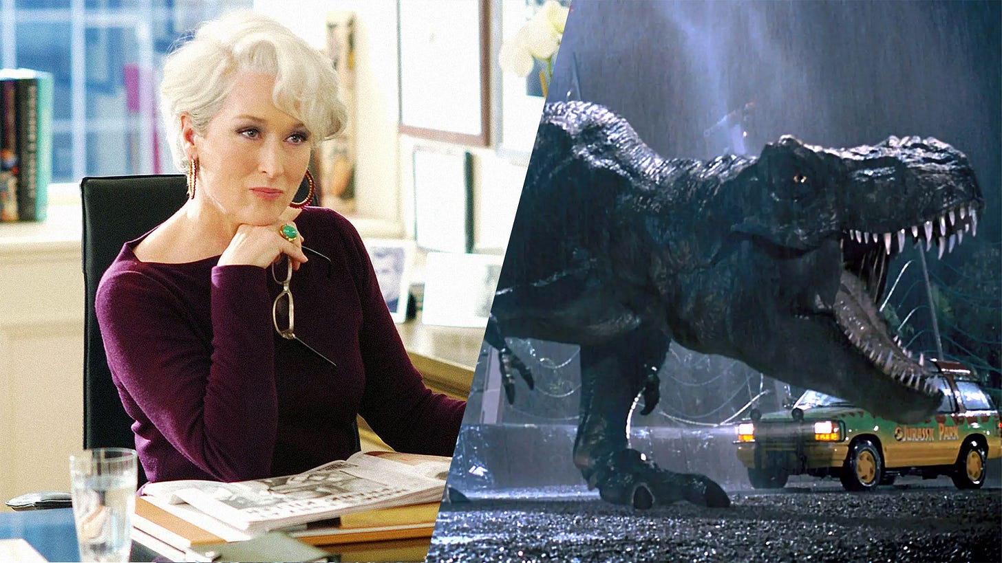 A split picture with a woman with silver hair looking beyond the camera while holding her glasses on one site and a T-Rex roaring on the other