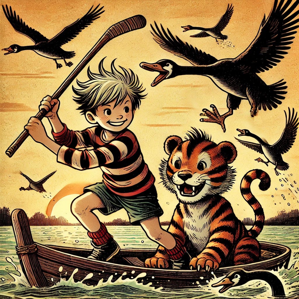 A young boy with spiky blond hair in a striped shirt and shorts, and a cartoon-style tiger companion, illustrated in a nostalgic vintage comic style. They are in a small wooden boat on a lake during sunset. The boy is holding a hockey stick, fending off a group of aggressive black swans flying or swimming toward them. The tiger looks brave and ready to help. The scene is action-packed but whimsical, with warm earthy colors, hand-drawn linework, and dramatic lighting in a style reminiscent of traditional ink-and-watercolor illustrations.