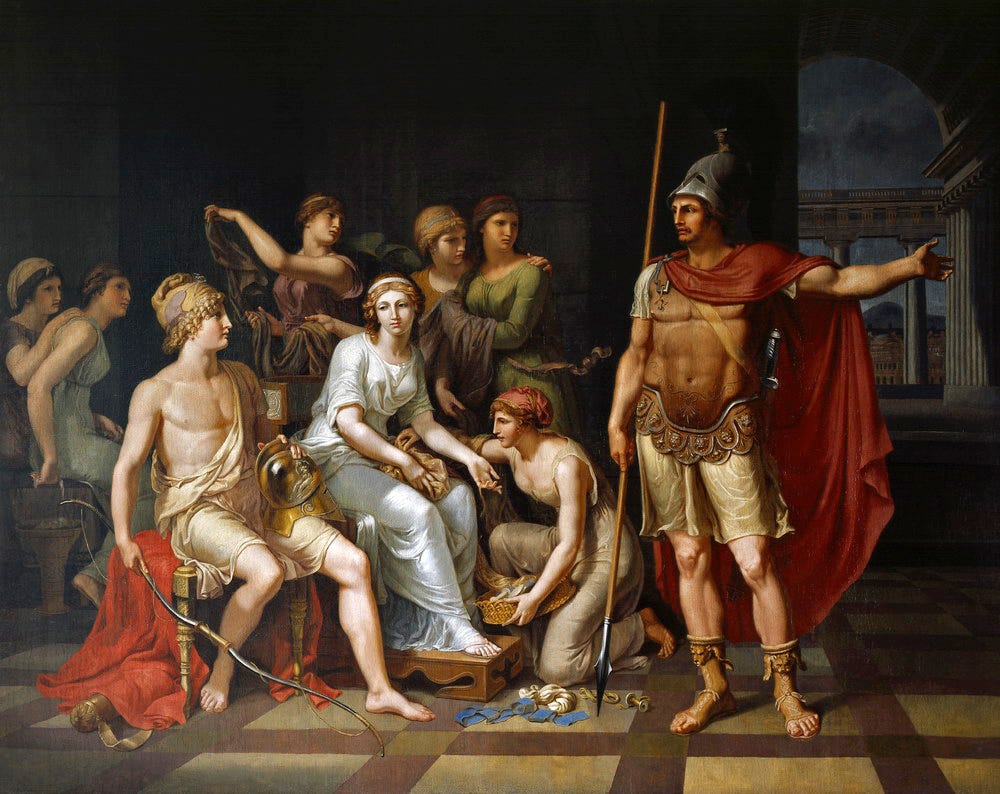 Oil painting of an armored Hektor standing and pointing to a somewhat unclothed Paris, who is seated next to Helen. He is telling Paris to go back to War