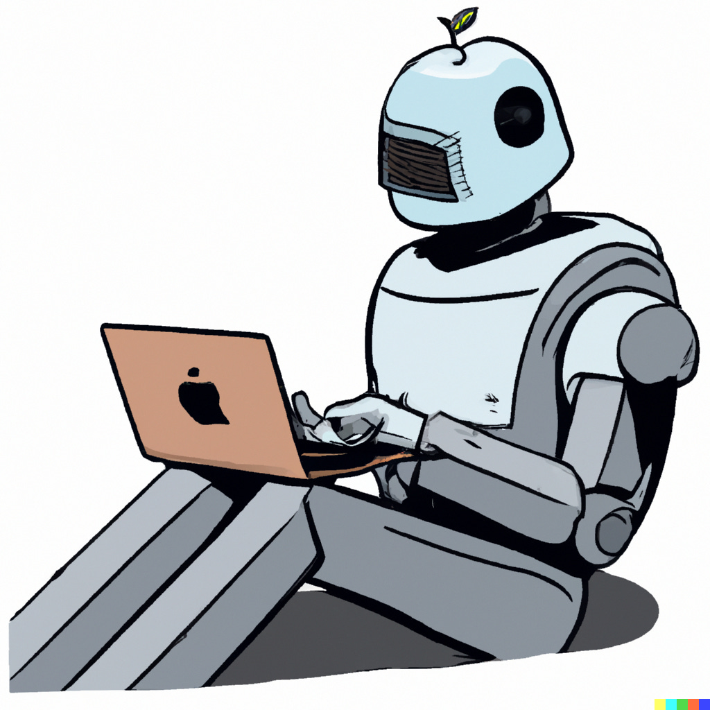 A robot typing on a laptop.