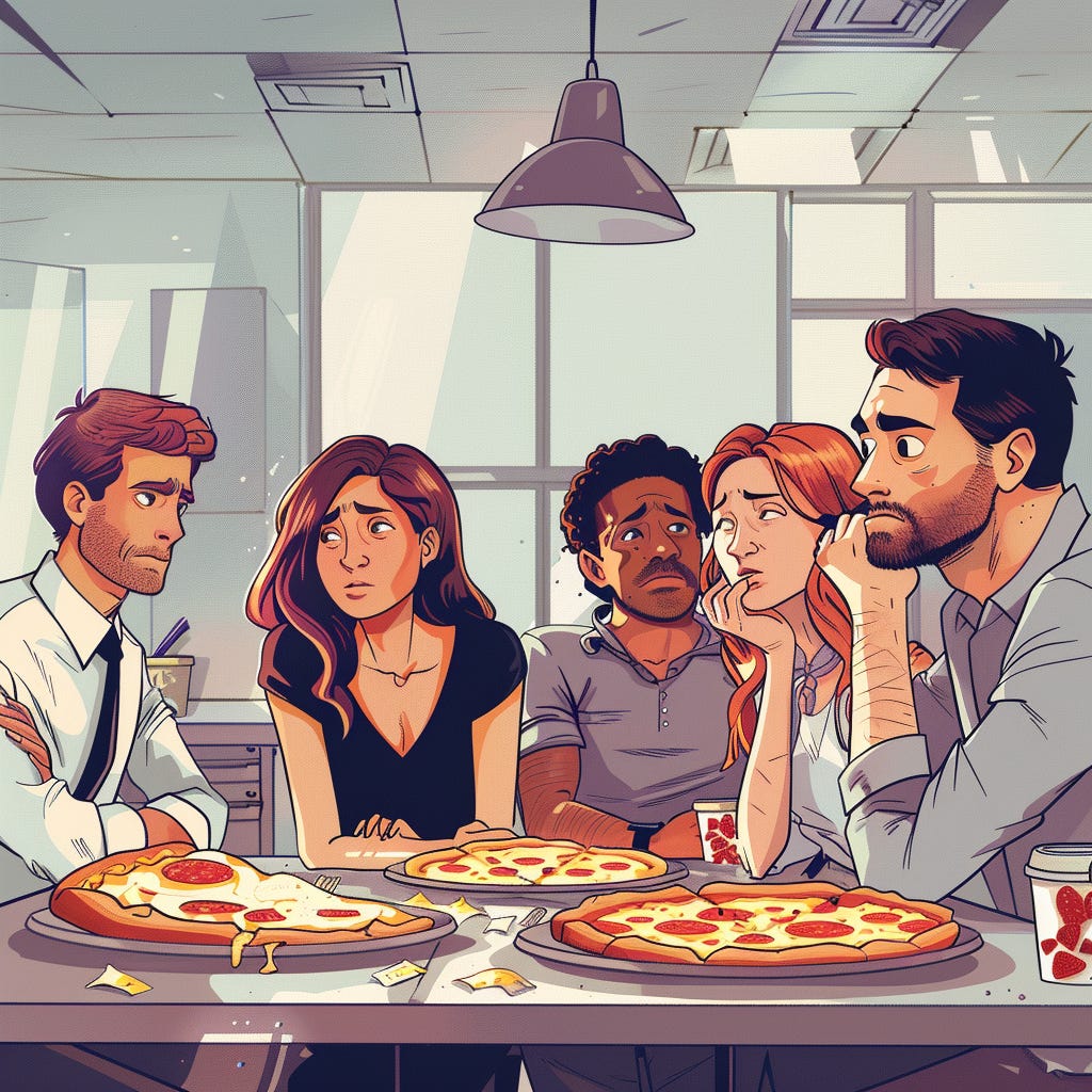 Five people sitting in an office canteen eating pizza. They all look really miserable