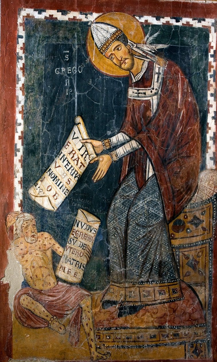 Pope Gregoire I the Great and Job. Gregoire holds a paper with Latin text 