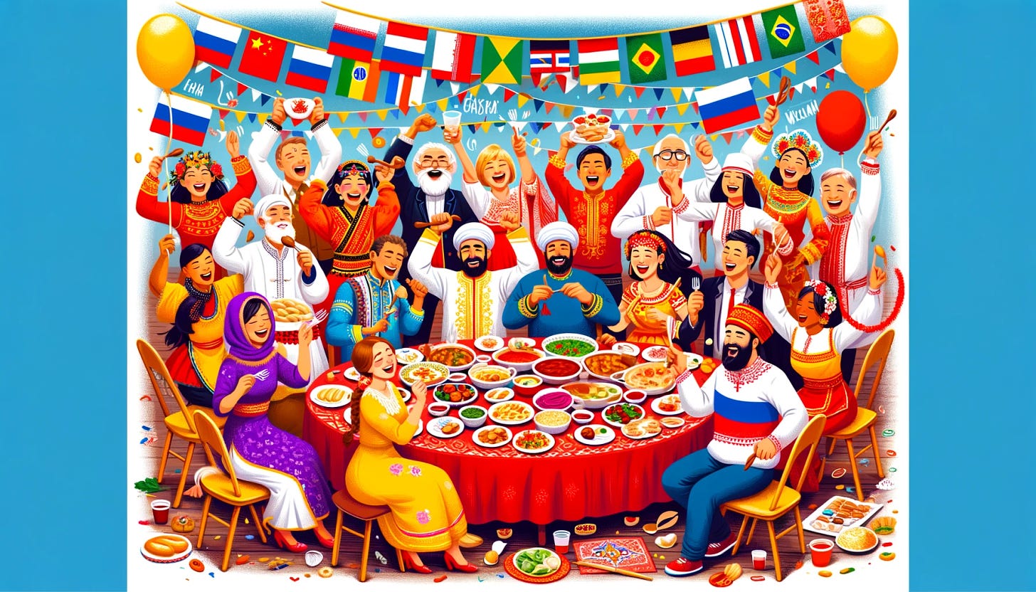 Illustrate a diverse group of people representing Russian, Iranian, Brazilian, Chinese, and Indian cultures, all in their traditional attires, joyfully dancing and eating Russian food at a party. The setting is vibrant and festive, with a table filled with traditional Russian dishes such as borscht, pelmeni, and blini. The individuals are in motion, showcasing their cultural dances while holding plates or utensils, enjoying the feast. The background is decorated with elements that suggest a celebratory atmosphere, such as balloons, streamers, and perhaps a banner that reads 'Welcome' in multiple languages to emphasize inclusivity and cultural exchange.