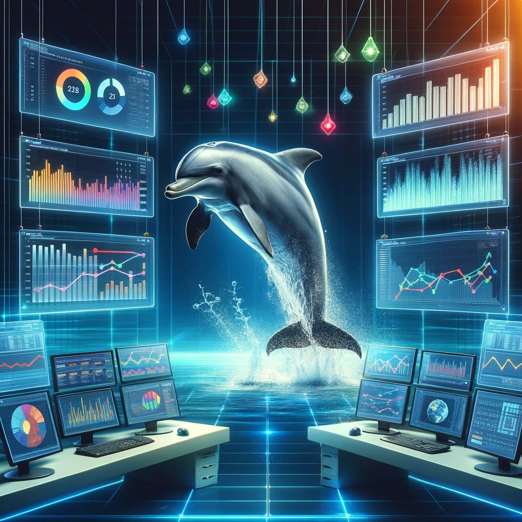 A playful dolphin jumping over computer screens displaying time series graphs and data analytics tools. The scene is set in a futuristic lab with holographic displays and neon lights, emphasizing innovation and technology.