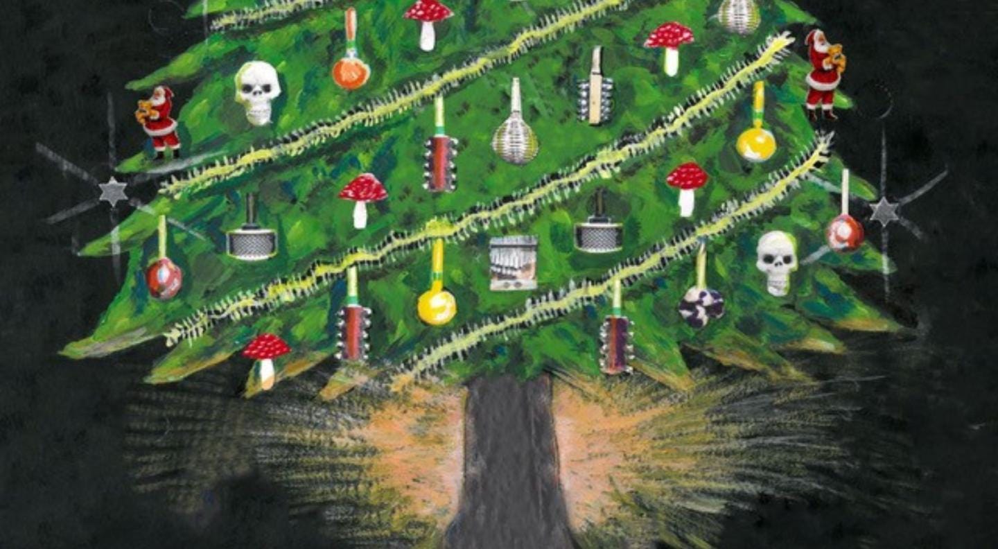 illustration of the bottom half of a christmas tree adorned with mushrooms, skulls and musical instruments