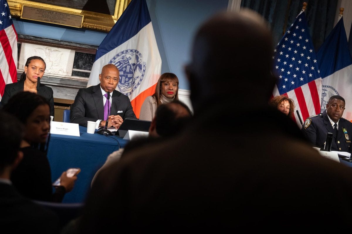 Mayor Eric Adams and City Hall staff hold a media availability in City Hall.