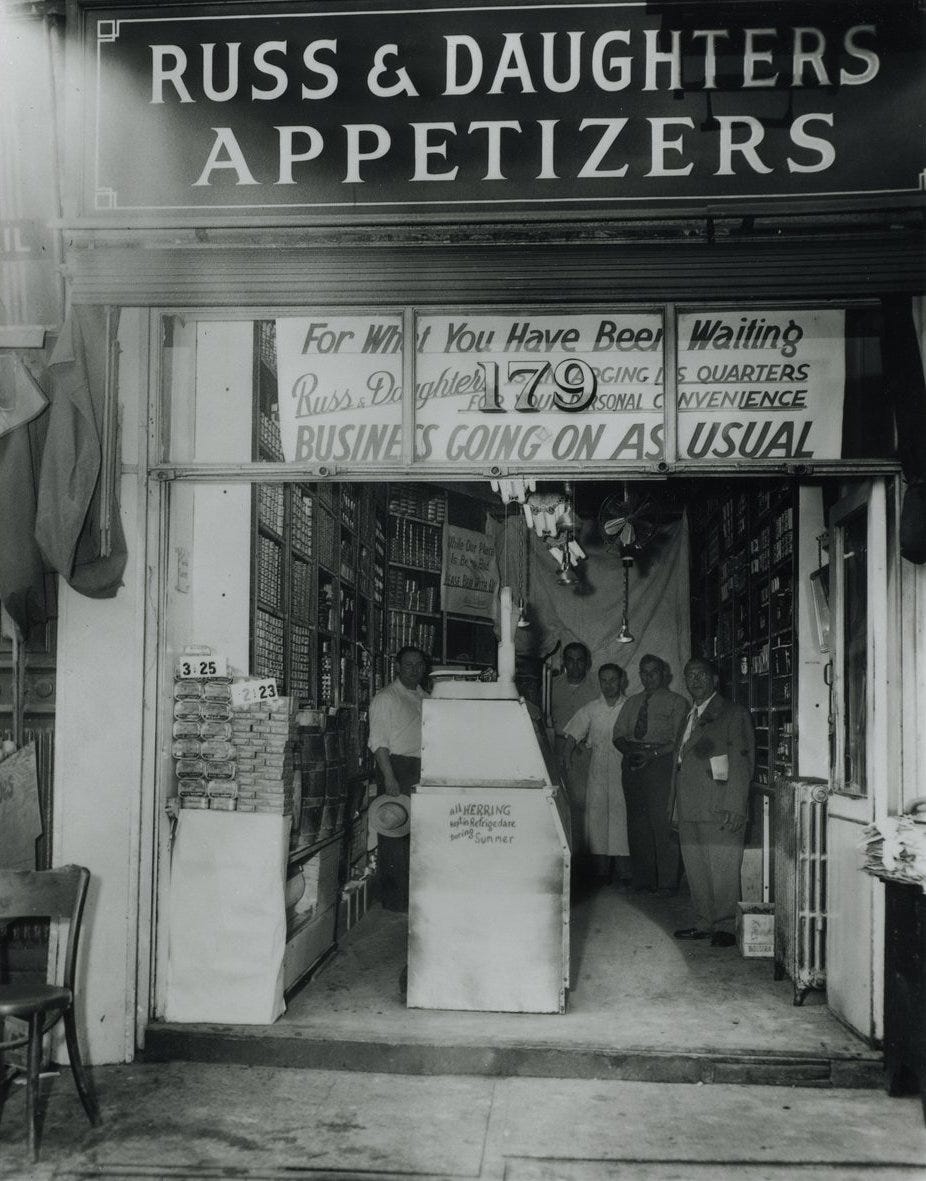A black-and-white photo of the outside of the Russ & Daughters location at 179 East Houston Street in New York in the 1920s. 