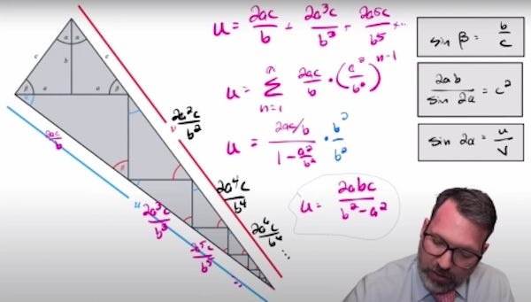 An image from a video. On the left, the Johnson-Jackson 'waffle cone'; in upper right, a bunch of formulae, in lower right corner, a man is writing the formulae that appear on the screen above him. 