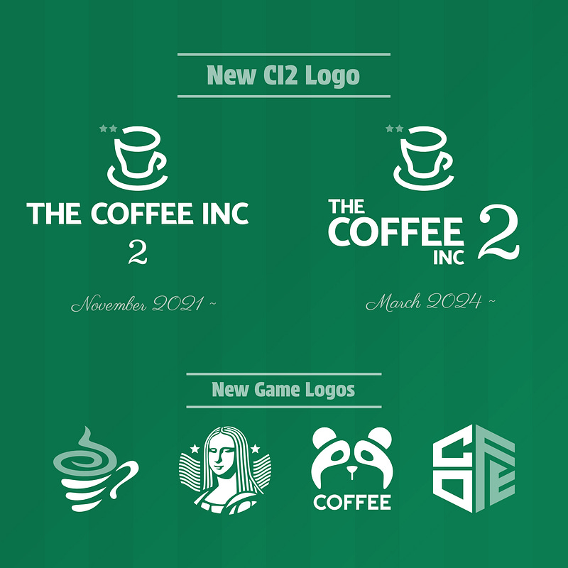 Current and new Coffee Inc 2 logos. New game logos are also added.
