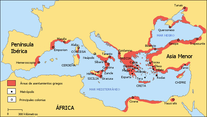O mapa tem realces em vermelho que apontam para os locais onde tinham assentamentos gregos. Ele aponta para as populações que ficam majoritariamente próximas do Mar Mediterrâneo, Jônico, Adriático, TIrreno e Egeu. As regiões abarcam o que hoje são a Itália, Grécia, Egito, Chipre, Creta, parte da Turquia, Espanha e França, Bulgária e regiões da Ásia Menor em contato com o Mar Negro, como Bulgária e Ucrânia.