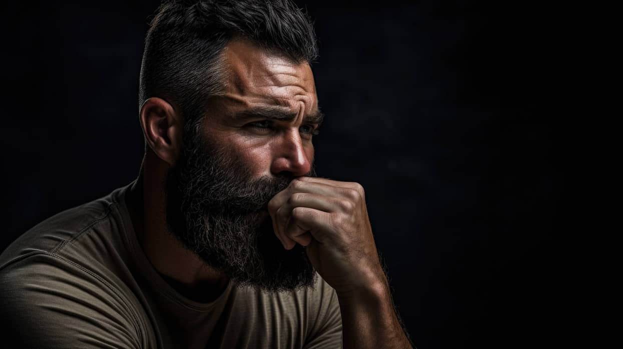 A contemplative man with a beard and his hands clasped in front of his mouth