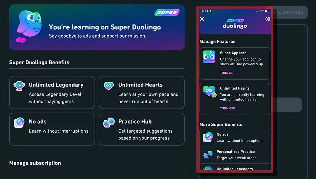 A screenshot of the Super Duolingo settings Web page. Overlaid on this is a screenshot of the same settings from the iPhone app, showing Unlimited Hearts turned on.