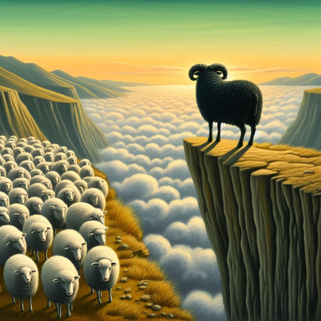 A black sheep standing alone looking at a beautiful horizon on a cliff's edge, separate from a herd of white sheep standing in a boring valley below the black sheep, in a surrealist art style like Frida Kahlo..