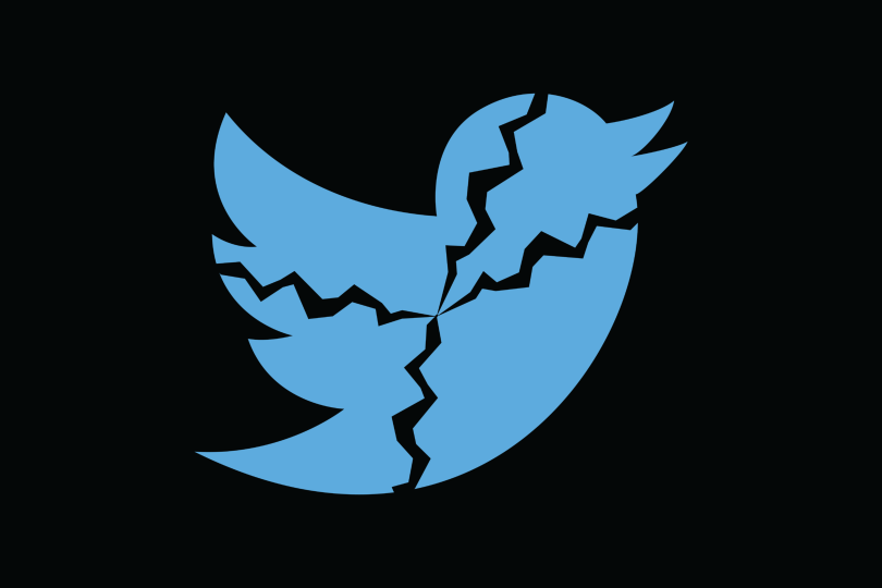 Art of the old Twitter logo, a light blue bird in flight, covered in cracks over a black background