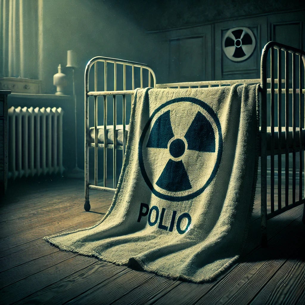 A chilling, somber visual of a vintage polio blanket draped over a crib, with subtle, ominous radiating lines symbolizing radiation emanating from it. The scene is dark and foreboding, with a feeling of decay and betrayal, depicting a quiet and unsettling hospital room from the 1940s. The focus is on the blanket, with an eerie glow highlighting it, conveying the sinister nature of the government-approved experiments without showing any faces or direct human involvement. The atmosphere is heavy and ominous, evoking feelings of mistrust and fear.