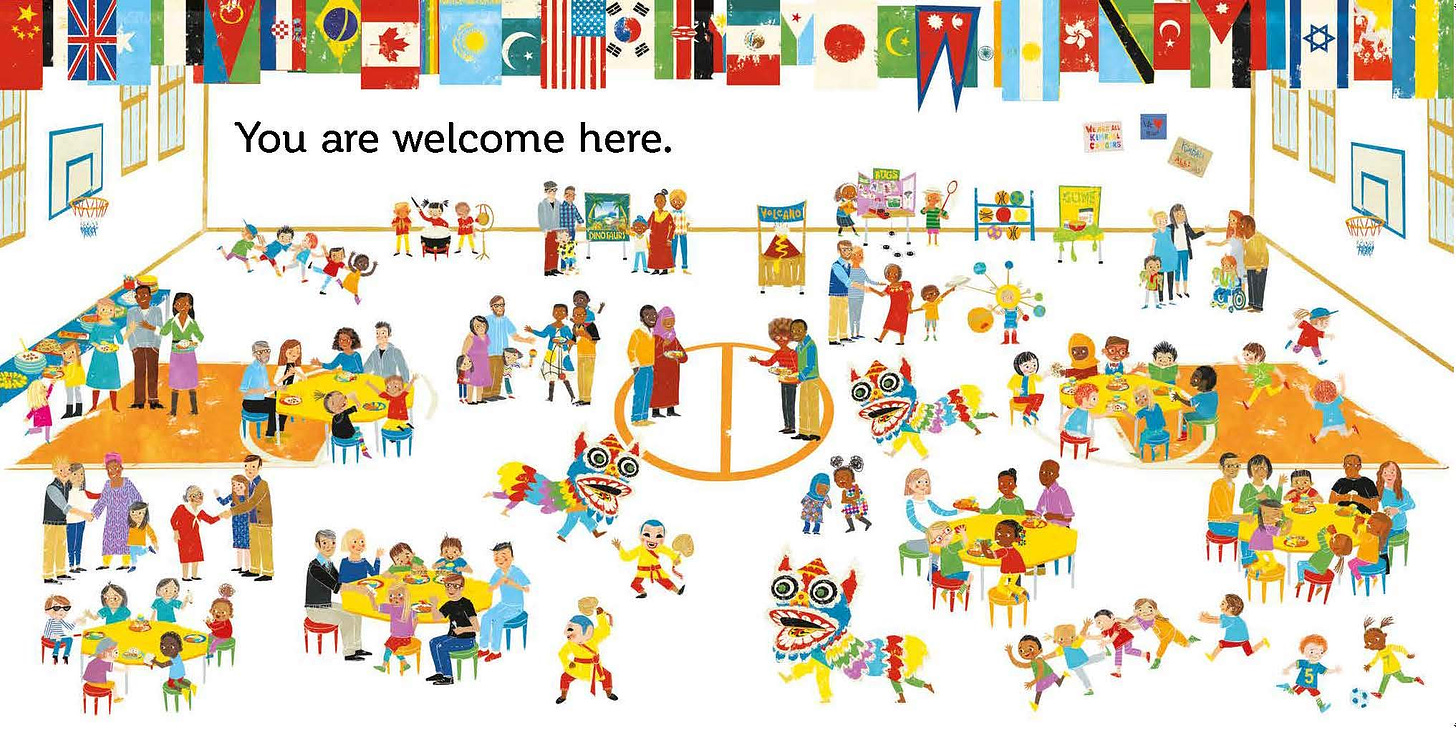 An illustration of a school gym with flags from around the world, families with people of all ages, races, and abilities, Chinese dragon dancers, food, and children running around playing with the text "You are welcome here."