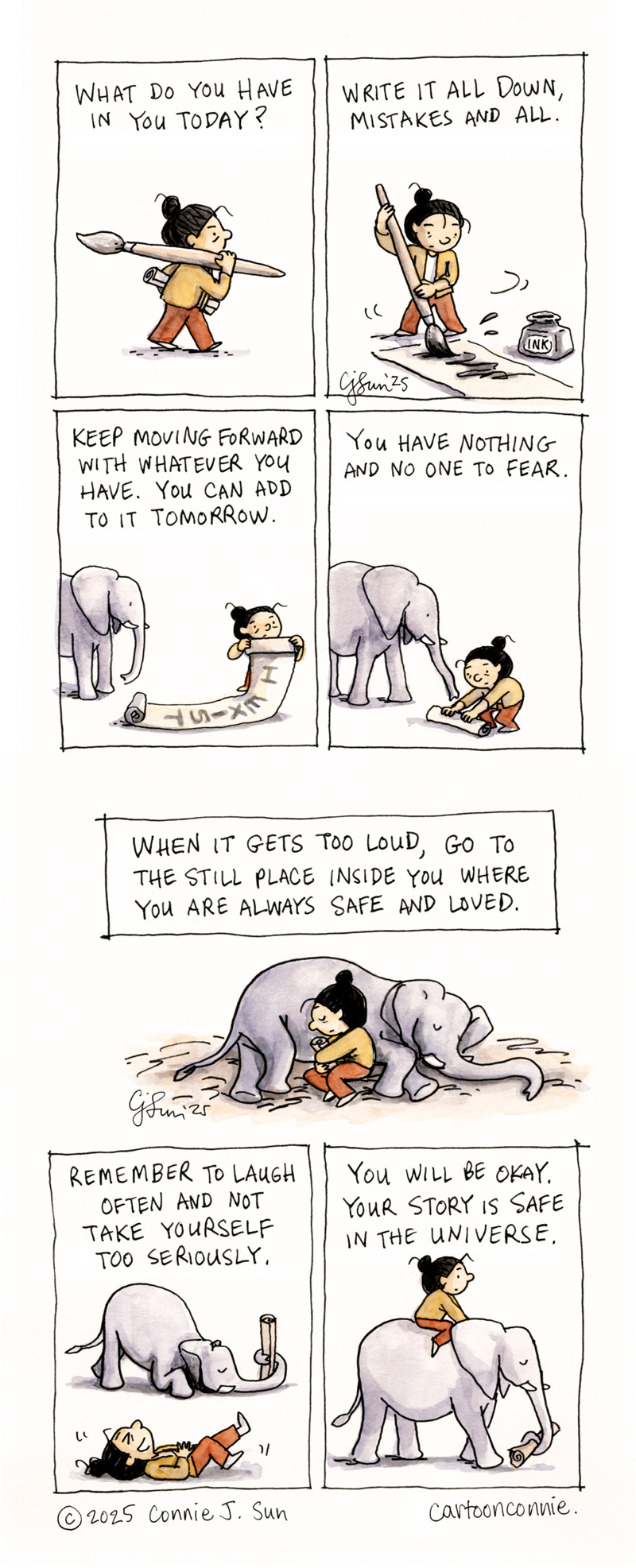 Two-page comic strip spread of a cartoon girl with a bun, carrying a large broom-sized calligraphy brush, painting on a large scroll, while an elephant looks on. She carries the scroll with her, wherever she goes, accompanied by the elephant. Drawn in 7 panels, the comic is about gathering the courage to make art, be yourself, not give into fear, and to not take yourself or your art too seriously. Titled "Gathering Courage," ink and watercolor on paper. Original art by Connie Sun, cartoonconnie, 2025.