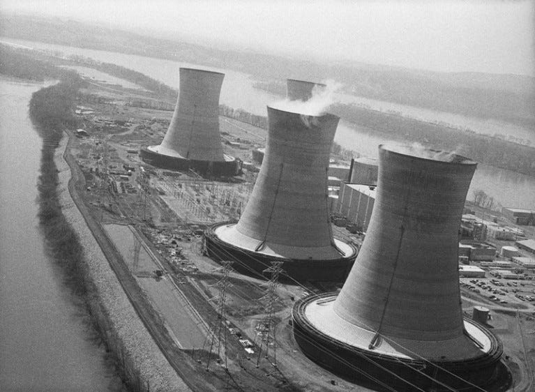 Aerial View of three cooling towers at Three Mile Island Nuclear Power Plant following the partial nuclear meltdown in 1979