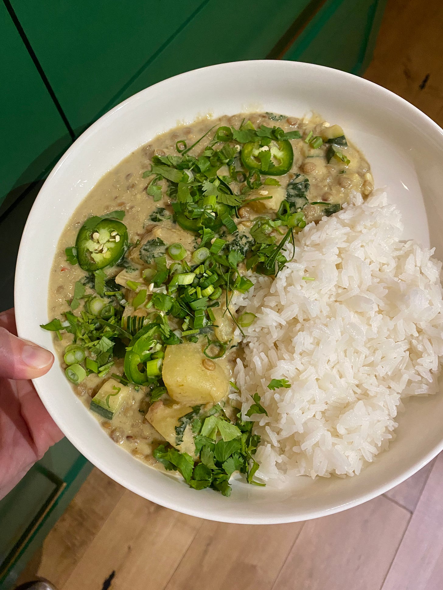 bowl of green curry with lentils and jasmine rice