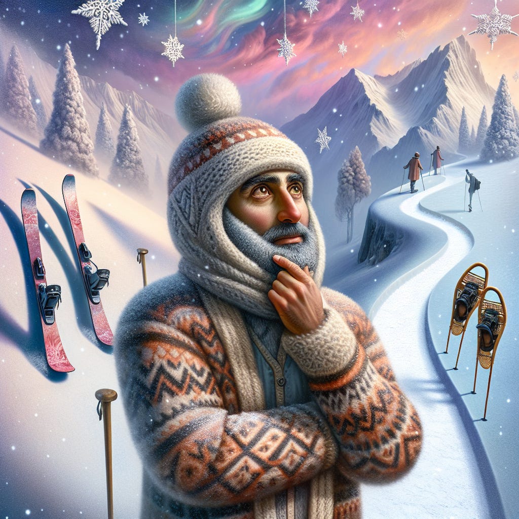 An image illustrating an ethereal and whimsical scene where an author with curious eyes, clad in warm winter attire, stands at a snowy fork in the mountain path. On one side, the path is lined with skis and poles, inviting the thrill of a swift descent. On the other, snowshoes are paired with walking sticks, suggesting a serene trek through the winter landscape. The sky above is alight with soft pastel hues, casting a dreamlike glow over the scene. Snowflakes gently fall around the author, adding to the enchanted atmosphere as they ponder their choice between the exhilarating joy of skiing and the peaceful discovery of snow-shoeing.