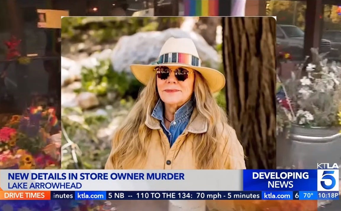 Screenshot of KTLA coverage of Laura Ann Carleton's murder, featuring a family photo of Carleton in a broad-brimmed hat and sunglasses, superimposed over a shot of the memorial at her store, with bouquets of flowers and Pride flags. 