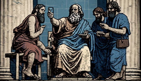 Socrate tient un smartphone à la main, il est entouré de ses disciples dans un temple de la Grèce Antique. L’image est dans le style d’une mosaïque romaine.