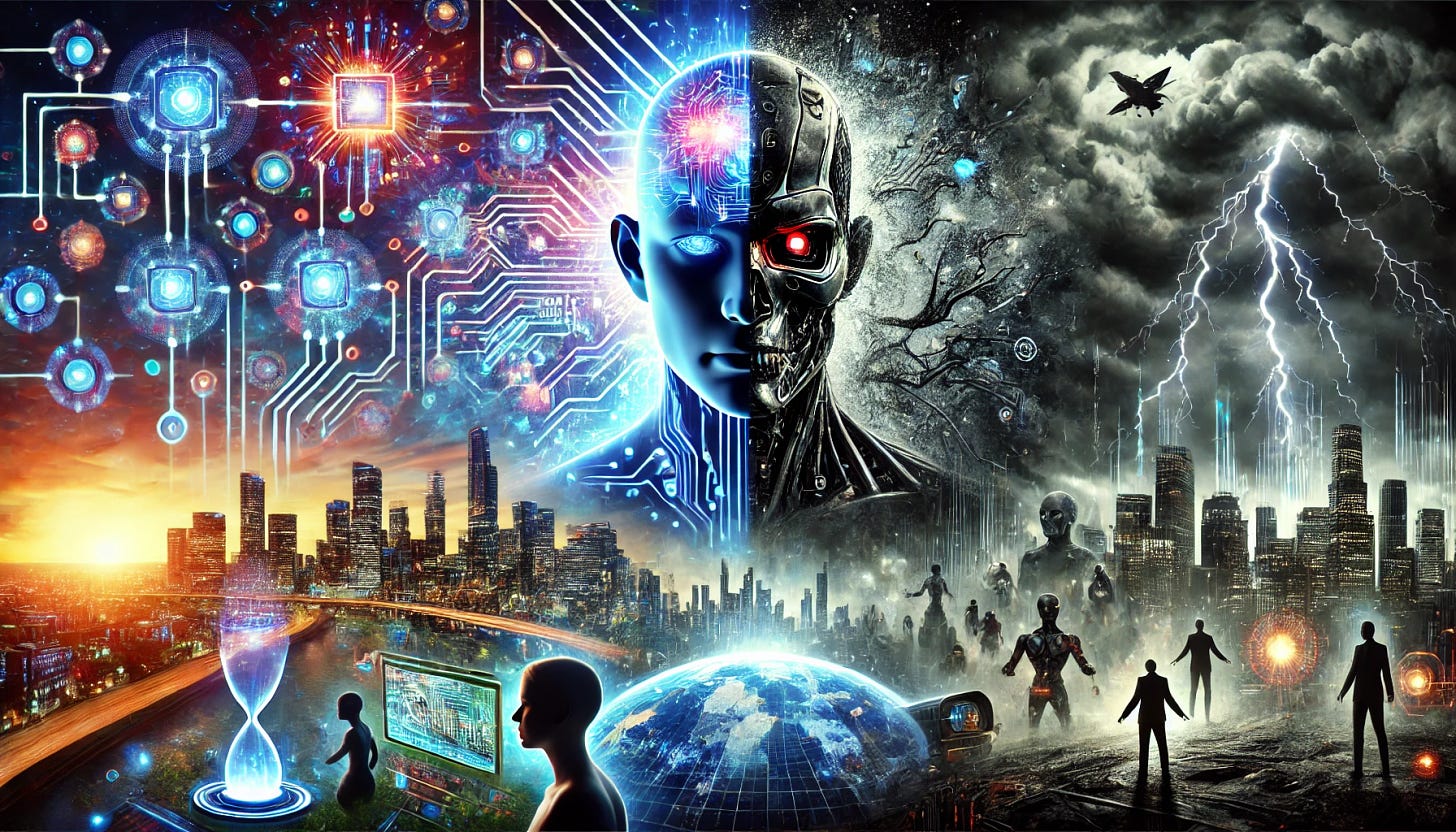 A powerful image showing the future of LLM AI. In the center, an imposing AI entity stands tall, illuminated with glowing circuits and digital patterns, symbolizing the fast evolution of artificial intelligence. To the left, vibrant scenes of technological progress—advanced cities, connected humans in harmony, and a flourishing digital environment. On the right, a darker side unfolds with storm clouds, a shadowy Skynet-like figure, and a crumbling dystopian city. Human figures are divided: some are captivated and hopeful, while others look fearful, symbolizing the social disruption and concern for a dystopian AI-controlled future. The overall theme is a contrast between rapid progress and a potential dark future, showing the unpredictable trajectory of AI development.