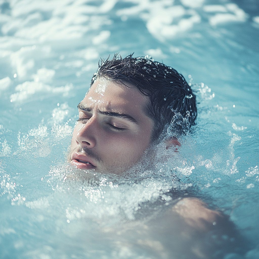 Male athlete submerged in cold water for recovery after strength training. 
