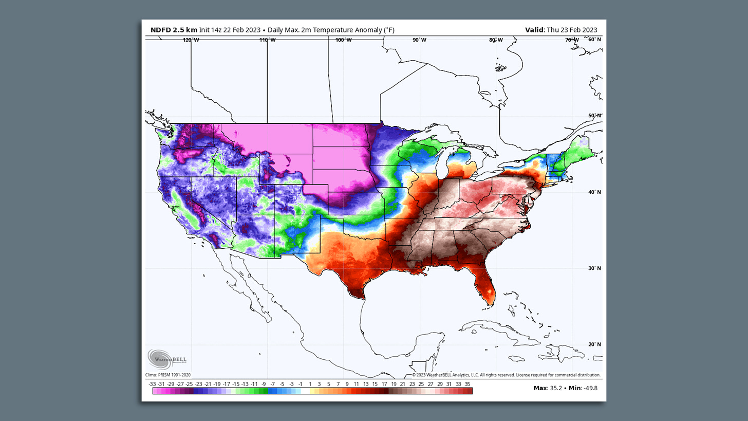 Map showing temperature departures from average on Feb. 23, with a huge temperature contrast.