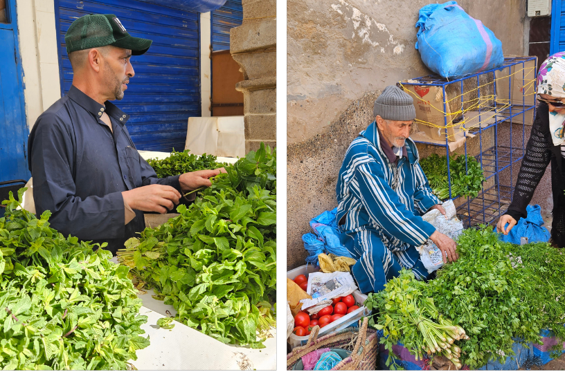 buying fesh mint, cilantro and parsley in the farmers' market in Essaouira, Morocco