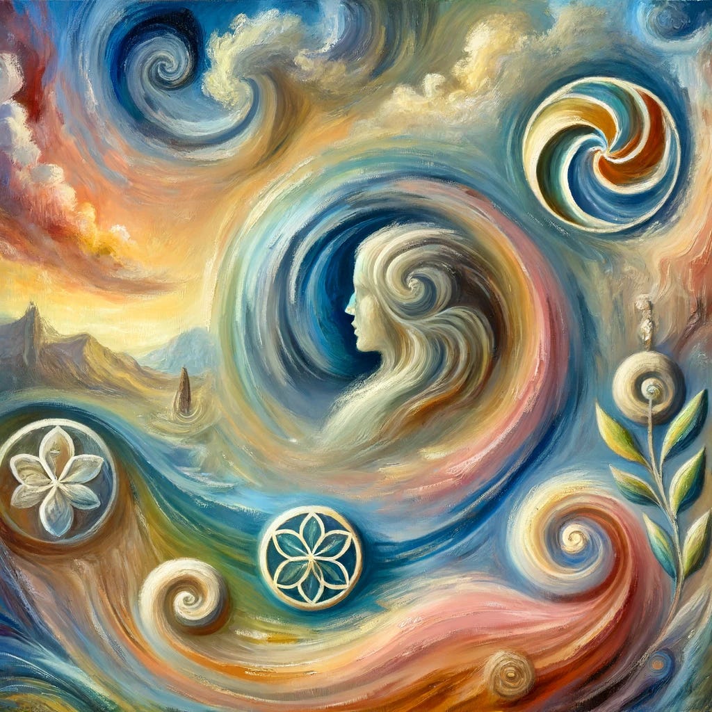 An abstract oil painting representing inner peace and the concept of a serene soul. The painting features swirling brushstrokes and vibrant, calming colors. In the center, a figure is depicted in a state of calm and tranquility, surrounded by symbolic elements representing virtues such as wisdom and goodness. The background includes soft, harmonious tones and a peaceful sky, indicating a sense of inner fulfillment and serenity. The overall atmosphere is tranquil and reflective, capturing the essence of a life led by virtue and inner contentment.
