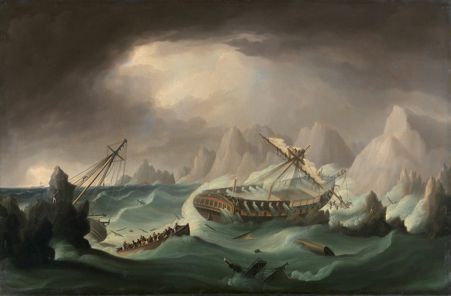 Painting of ship wrecking on rocky coast
