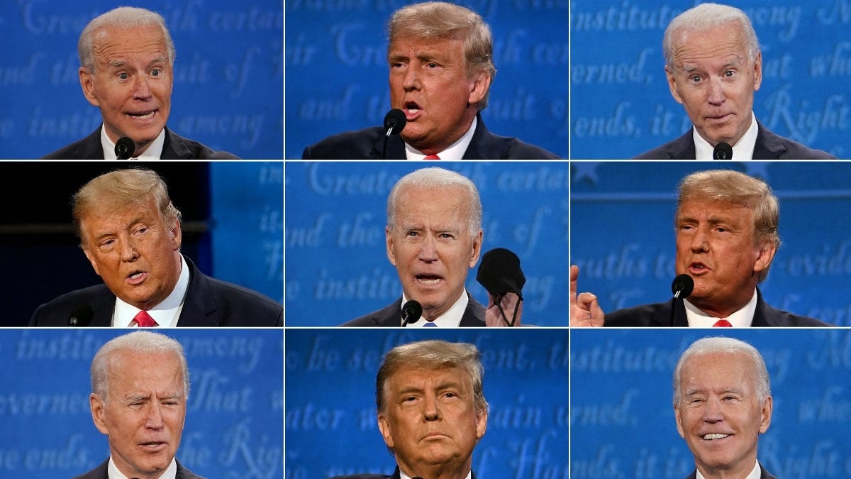 Montage photo représentant Joe Biden et Donald Trump, lors du débat final de l'élection présidentielle 2020, à l'université Belmont de Nashville (Tennessee), le 22 octobre 2020. | AFP