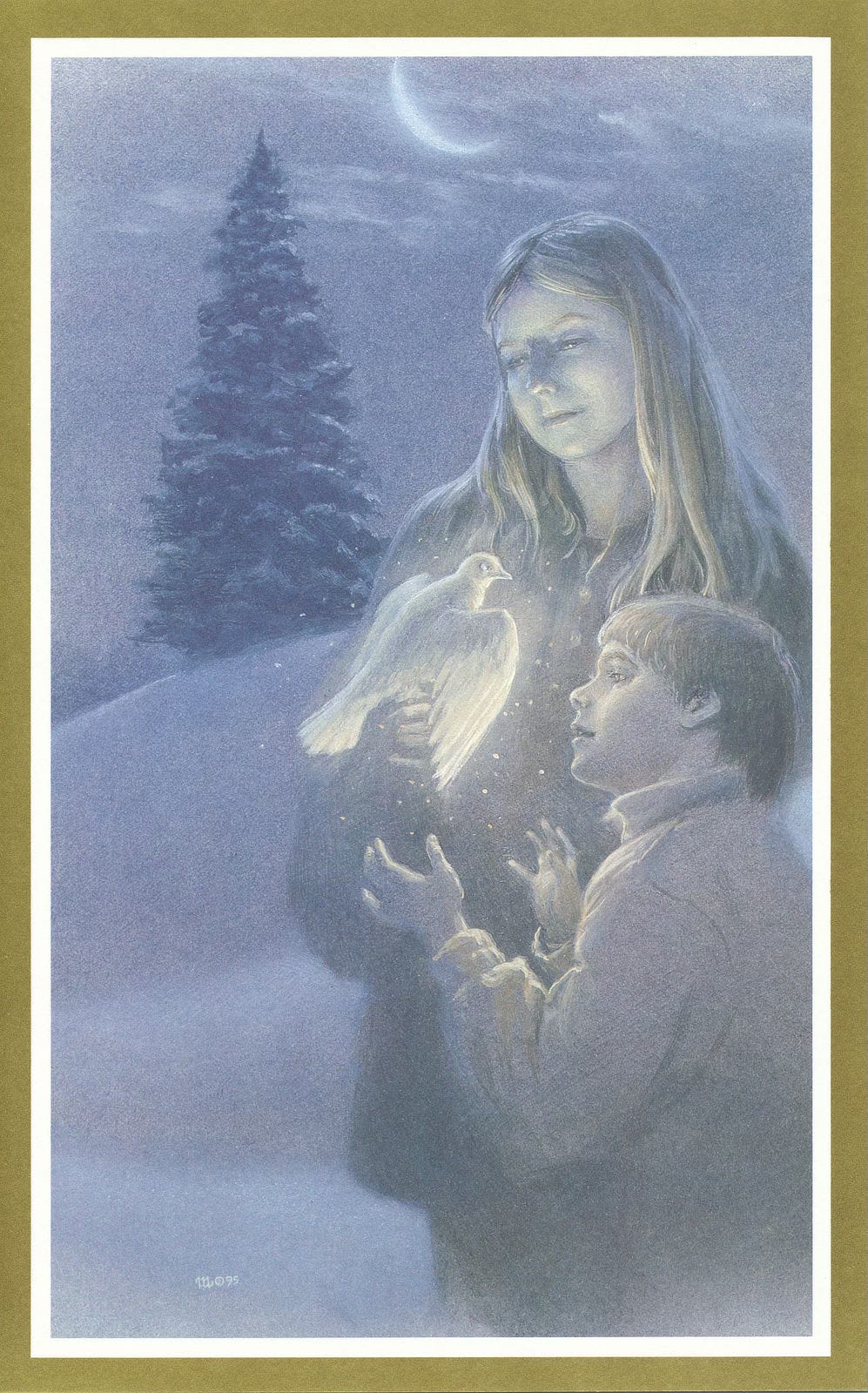 Bordered in gold and rendered in muted tones, the children pose in a wintry scene. Alexa holds a dove perched on her hand. Its wings glow with light as Adrian examines it with amazement. He hands are coming up delicately as if he wants to hold it. A snow covered fir tree rises on the hill in the distance. A crescent moon hans in sky among traces of clouds.