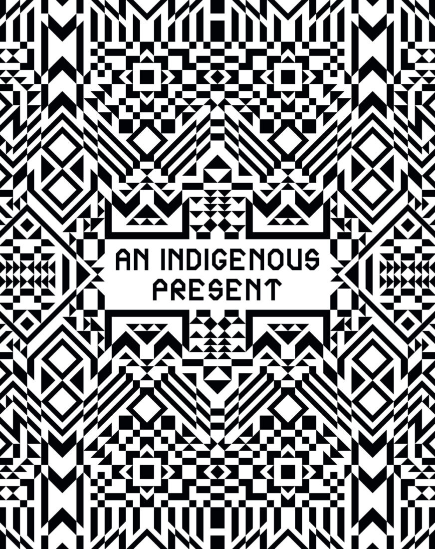 A book cover for the book 'An indigenous Present' edited by Jeffrey Gibson. The cover is deocrated in a complex geometric pattern in black and white