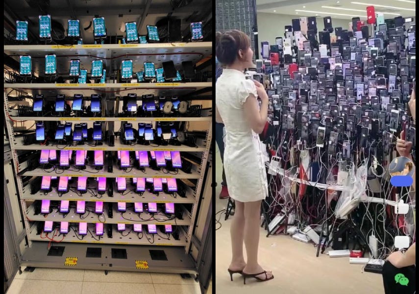 Left: Mobile phones in a 19inch rack, used as mobile proxy. Right: Even more mobile phones..