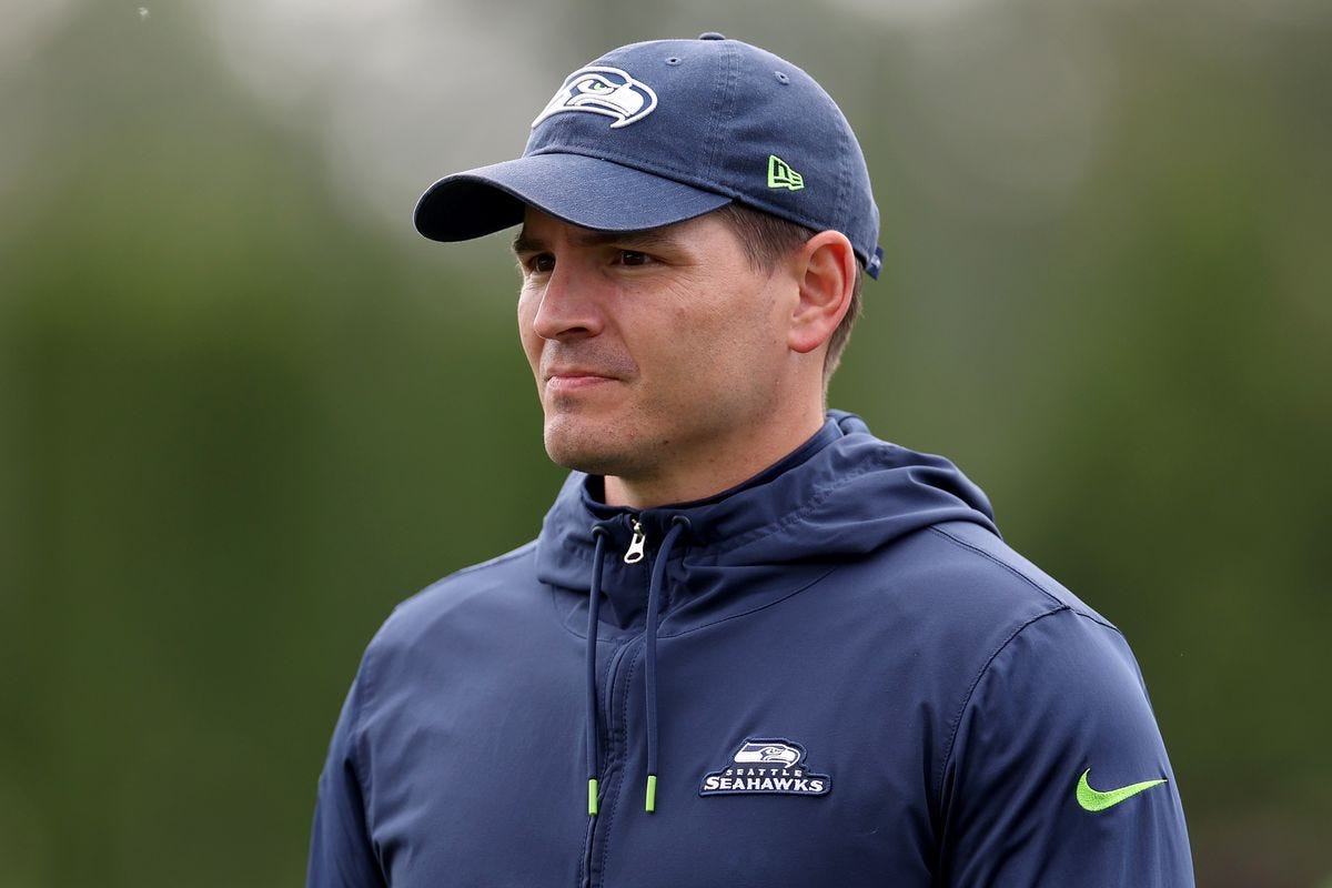 RENTON, WASHINGTON - JUNE 03: Head coach Mike Macdonald of the Seattle Seahawks looks on during practice at Virginia Mason Athletic Center on June 03, 2024 in Renton, Washington. (Photo by Steph Chambers/Getty Images)
