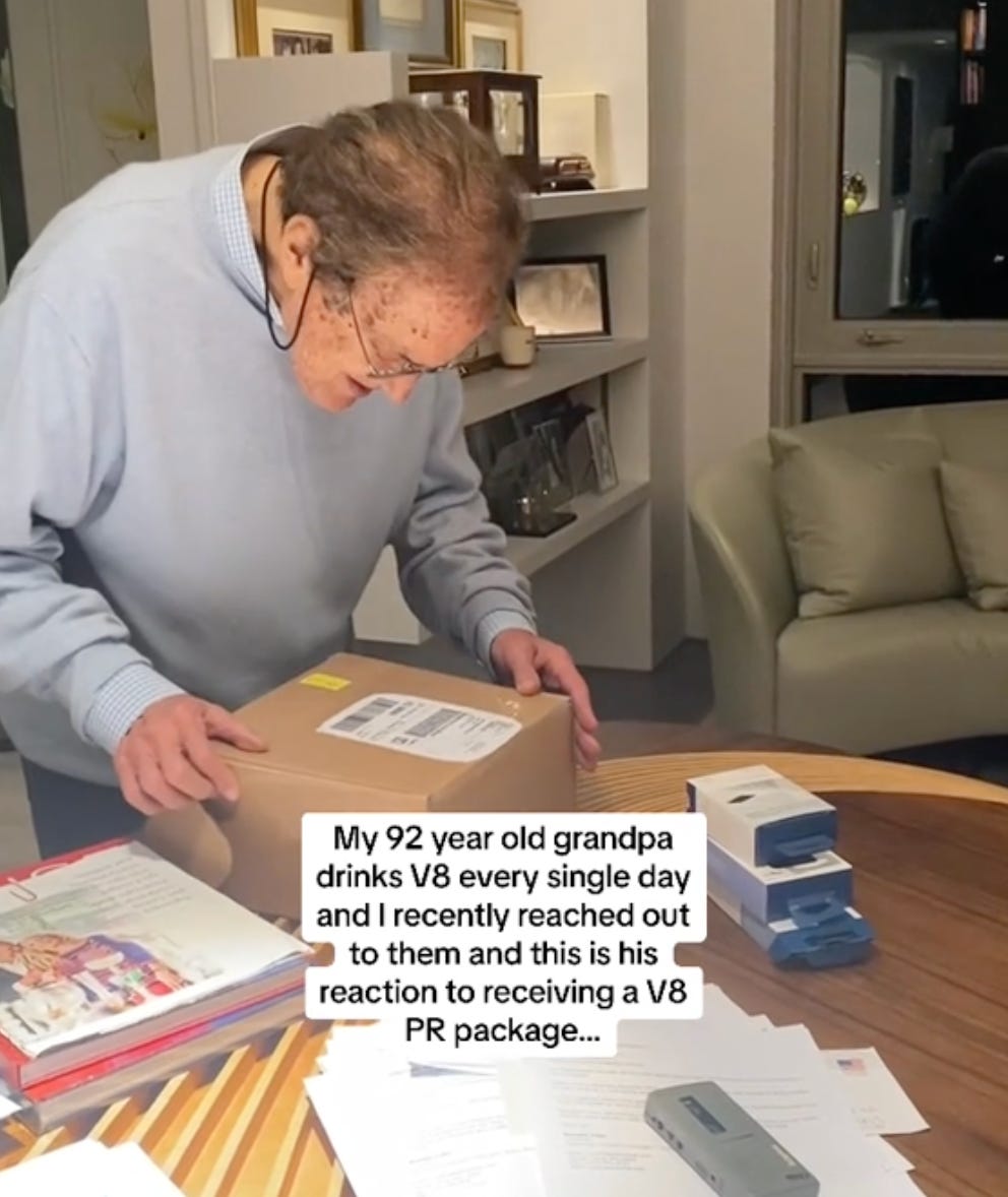 Screenshot of 92 year old grandpa unboxing a gift from V8 Juice