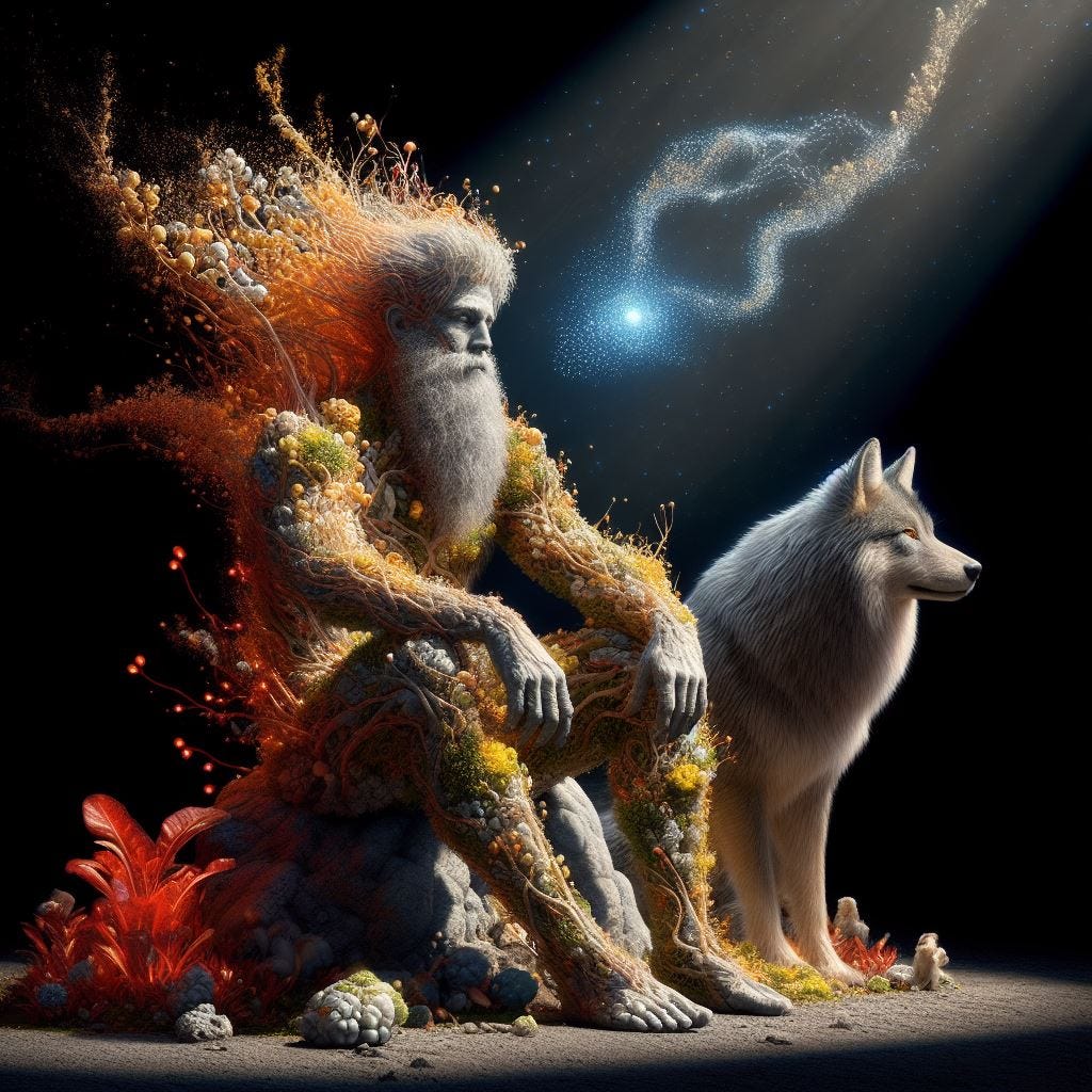 Hyper realistic grey stone heroic man and grey wolf.sitting  suit made of Red Abyssinian Banana . Red Abyssinian Banana earth with man. His hair is made of long strands of tiny braided fluffy plants yellow and white and amber and purple blue grey. tiny cream and light purple mycellium, Glow-in-the-dark Plants Tree overhead is casting tiny leaf shadows on person. transluscent energy waves emenate out from him .Sunny day. tiny blue prisms of light Ethereal luminescent